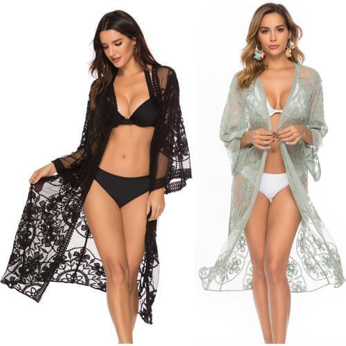 Women LaceShirt Clothes Lace Fabric Sexy Bikini Outdoor Cardigan Holiday Beach Blouse Sun-Proof Clothing Beach Style