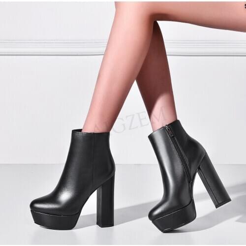 BERZIMER Women Ankle Boots Quality Genuine Leather Chunky High Heels Boots Height Increase Shoes Woman Botas Mujer Size 37 38 39