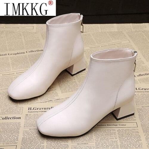 2021 Elegant Womans Ankle Boots Platform Thick Heels Square Toe Ladies Short Boot Slip On Leather Women Shoes All Match