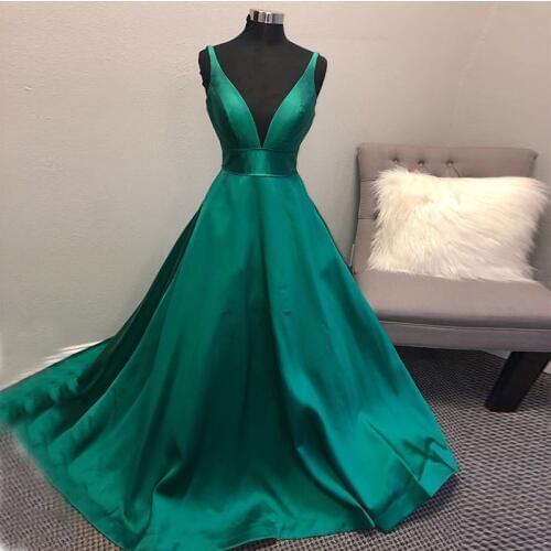 Deep V-neck Sleeveless Long Prom Dresses Dark Green Simple Satin Women Formal Party Dress Cheap Vestido De Fiesta De Graduacion