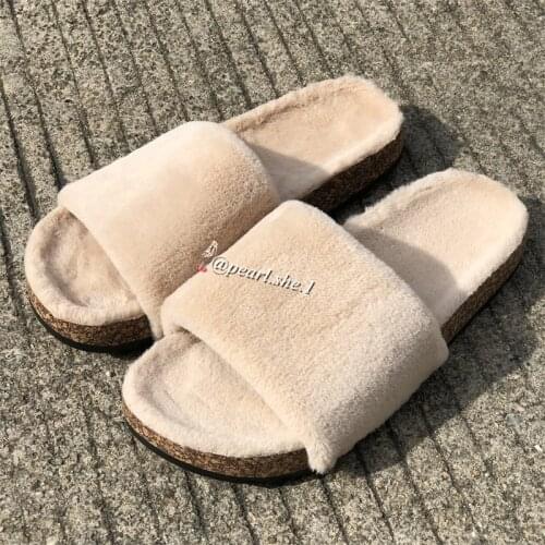 Female Fluffy slippers Women shoes Outside shoes designer slippers women famous brands Comfortable Faux Fox fur Winter slippers