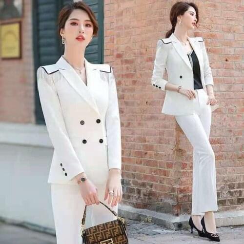 2021 Spring Autumn Women Vintage Office 2 Pcs Set Lady Double Breasted Notched Blazer High Waist Pant Suit Female Loose Set N247