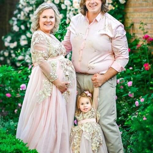 Long sleeve golden lace applique pink mother daugter dresses gowns mom and girls matching celebrity dresses gowns custom