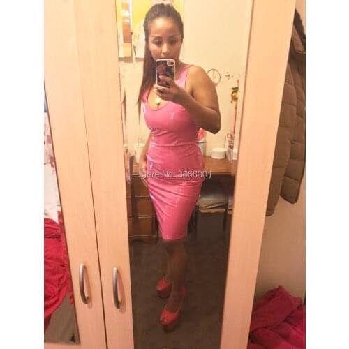 Women Sexy irregular neck latex sleeveless party dress Cosplay Halloween Costumes pink color clothing PVC leather