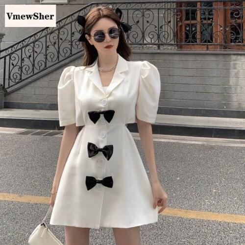 VmewSher New Summer Vintage Front Bow Women Dress Mini Back Cut Notched Collar Lady Elegant Short Sleeve High Waist a Line Dress