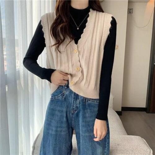 New Western style loose sleeveless V-neck Korean womens knitted vest spring and autumn Western style casual jacket women
