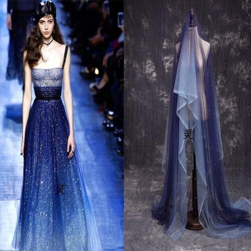 Star and Sun Dark Blue Multi-Color Star Gradient Bronze Sprinkling Mesh Fabric Perspective Yarn Dress Designer Fabric