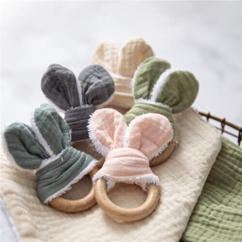 1 PC Cotton Baby Bunny Ear Teether Rabbit Beech Wooden Rattle Safe Organic Nursing Training Teethers Babies Accessories Newborn