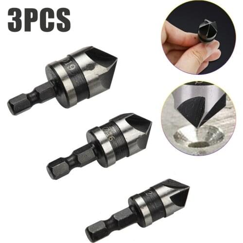 3pcs 90 Degrees Chamfer Drill Bit Set 12/16/19mm 5/7 Flute Wood Working Carbon Steel Drill Bit Cutter Countersink Drill Bit Set