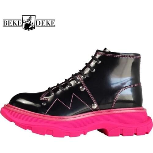 British Style Platform Patent Leather Ankle Boots Women Winter Warm Lace Up Biker Boots Punk Style Alligator Print Booties