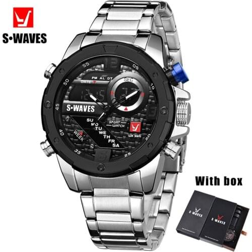 Quartz Military Watch Men SWAVES Brand Dual Display Stainless Steel Mens Wrist Watches With Box Waterproof Unique Reloj Hombre