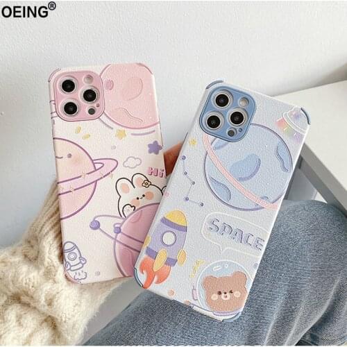 OEING Cute Space Cartoon Phone Case For Iphone 11 12 Pro Max 7 8 X XS Mini XR SE2 Transparent Shockproof Phone Bag Case Cover