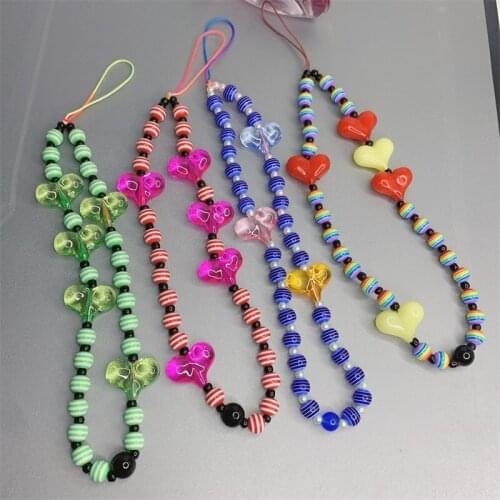Colorful Acrylic Bead Love Mobile Phone Chain Cellphone Strap Anti-lost Lanyard For Women Summer Jewelry