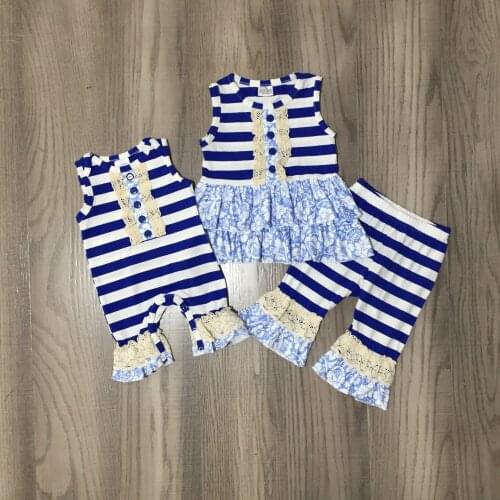 Summer Baby Girls Stripe Blue Floral Lace Set Infant Baby Romper Kids Sibling Clothes