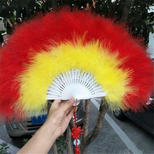 Red and yellow Chinese Style Feather Fan For Dance Props Wedding Party Gift Hand Held Fan Folding Fan 50X30 cm