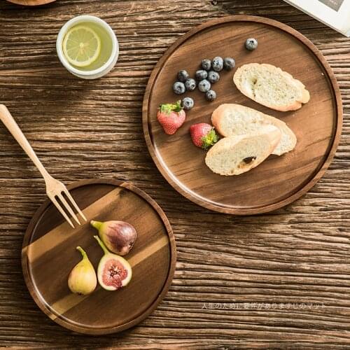 Creative solid wood serving tray Japanese acacia wood tea set mat home fruit tray pizza bread round pizza tray cake base