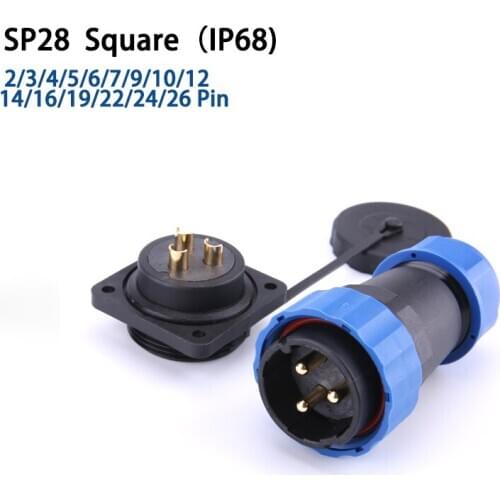 SP28 IP68 Four-hole Square plug socket Cable waterproof Aviation connector 2/3/4/5/6/7/9/10/12/14/16/19/22/24/26 Pin