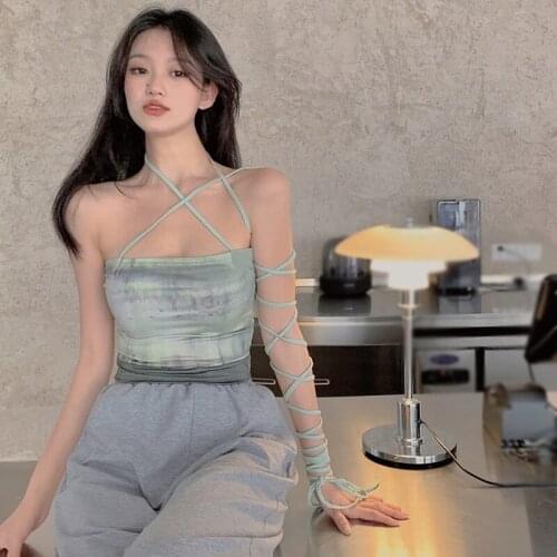 DAXIN Summer Women Tie Dye Camis Bandage Halter Vest Sexy Slim Navel Exposed Ladies blusas y camisas chemise femme