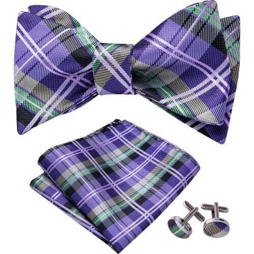 New Men Bowtie Set Purple Silk Jacquard Fashion Plaid Bows Pocket Cufflinks Self-Bow Tie For Men Butterfly Party Wedding LH-1041