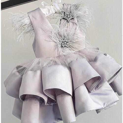 New Grey Customized Baby Girls Dresses Knee Length Feather Tulle V Neck Flower Girl Dress Infant Toddler Birthday Party Gown