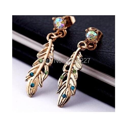 Promotion price diamante feather shape gold wedding earrings brand cc allied express jewelry