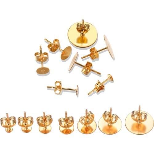 30pcs/lot 3mm-12mm Gold Tone Stainless Steel Blank Post Earring Studs Base Pins With Earring Plug For DIY Jewelry Making