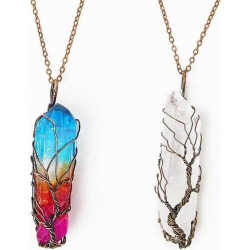 Rainbow Crystal Tree of Life Necklace Chakra Stones Pendant Antique Bronze Wire Wrap Necklace for Women Men Healing Jewelry