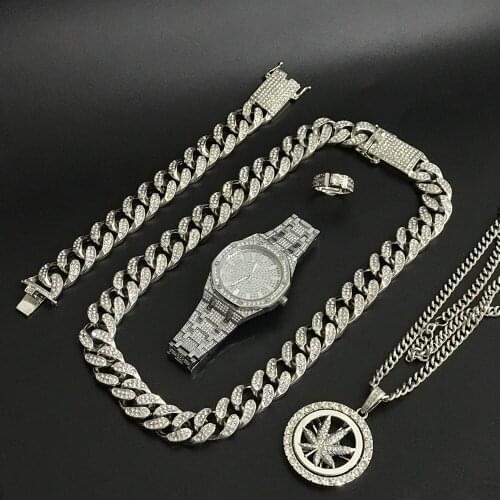 Luxury Men Silver Color Watch & Necklace & Braclete & Ring Combo Set Ice Out Cuban Watch Hip Hop In Crystal Jewerly Set For Men