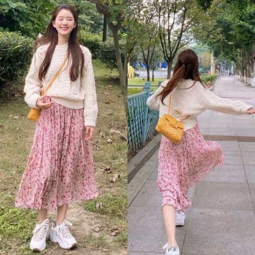 Pink Floral Skirt Female Summer Spring and Autumn New Style 2021 Spring Pleated Draped Skirt Long Skirt