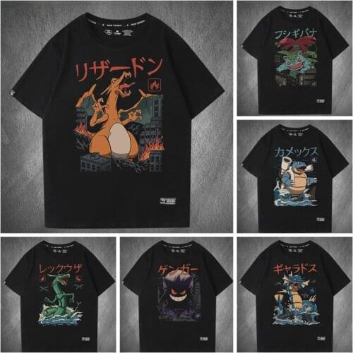 Anime Pokemon Pikachu Gengar, Charizard crew neck T-shirt Hip Hop Streetwear Clothes Harajuku T-shirt Summer Plus Size Unisex