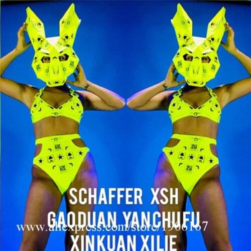 Sexy Lady Fluorescent Rabbit Headwear Masquerade Party Event Bikini Suit Cloth Dance Team Fluorescent Performance DS DJ Costume