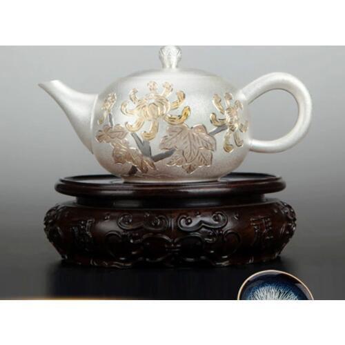 Sterling silver plum gold-plated kettle, teapot, kung fu tea set, handmade
