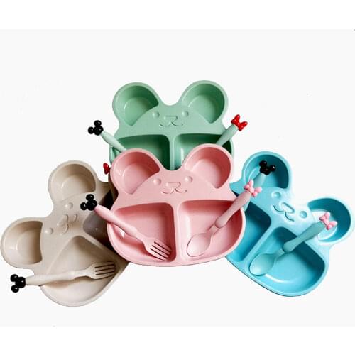 Wheat Straw Plates Baby Training Bowl Plate+spoon+fork Cute Bear Kids Tableware Set OPP Packaging