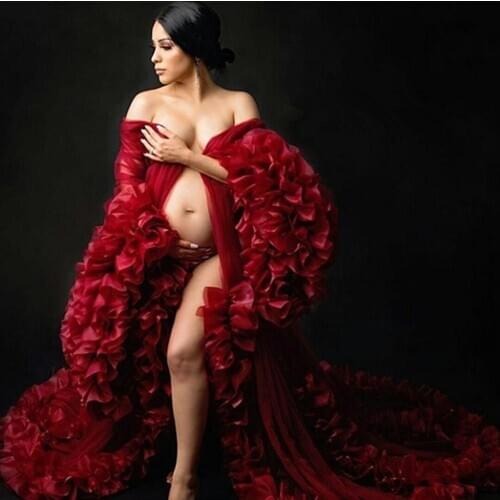 Dark Red Maternity Dresses 2021 Plus Size Tiered Ruffles Long Sleeve Celebrity Party Sleepwear Photoshoot Gowns