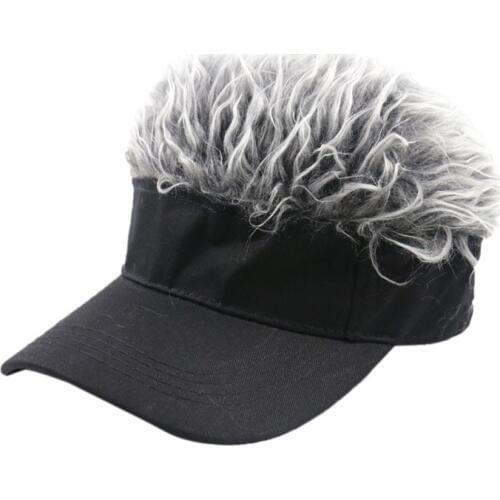 Winfox New Black White Golf Baseball Cap With Fake Flair Hair Sun Visor Fun Halloween Party Toupee Hats Unisex Cap