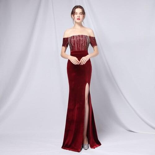 XUCTHHC 2021 New Elegant Strapless Velour Evening Party Dress Burgundy Sequin Maxi Dress Women Off Shoulder Long Prom Dresses