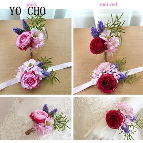 YO CHO Wholesale Vivid Wrist Corsage Bridesmaid Ssisters Hand Flowers Artificial Bride Flowers Wedding Party Decor Bridal Prom