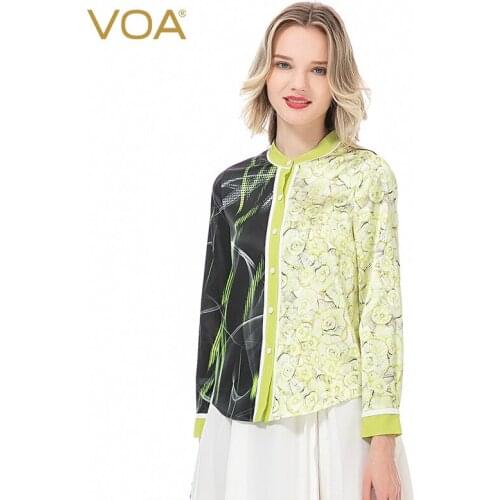 VOA Satin 28m/m Dyeing Silk Womens Tops Stitching Half-collar Single-breasted Long-sleeved Stretch B013 Befree Women Shirts
