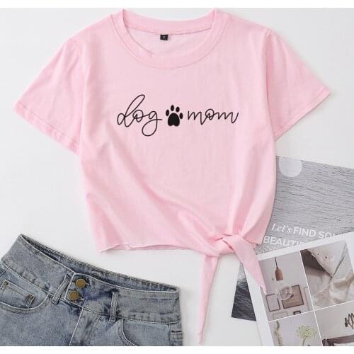 Dog Mom Animal Lover Dogs Paw Womens Summer Casual Short-sleeve Print Cotton T-shirt Cropped Tops Graphic Tee with Front Knot