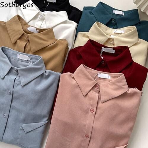 Women Shirts Leisure All-match Solid Single Breasted Turn-down Collar Long Sleeve Pockets Spring New Korean Style Students Chic