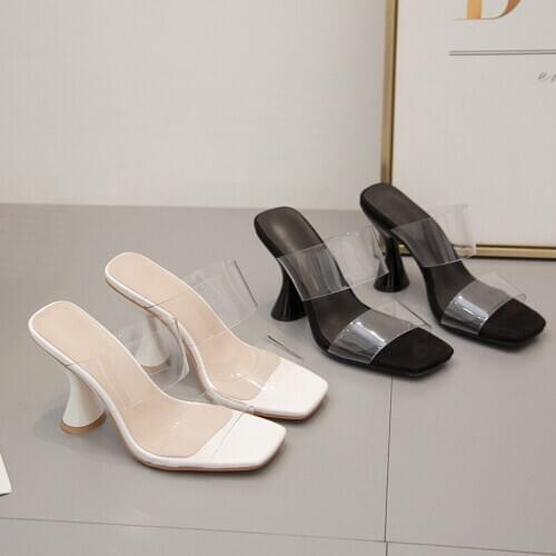 Women sandals PVC Slip On 10cm Thin Heels High heels Square Toe Shallow women shoes sandalias mujer 2020 size 35-42 white black