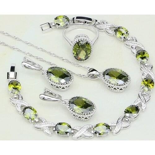 Bohemia Crown Olive Green Zircon 925 Sterling Silver Jewelry Sets For Women Wedding Earring/Pendant/Necklace/Bracelet/Ring
