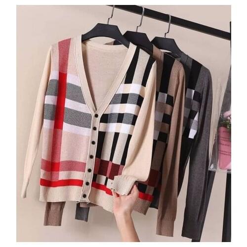 2021 Autumn Winter Womens Sweater Cardigan Sweater Female Vintage Plaid Knitwear Jacket Ladies Chic Elegant Jumpers