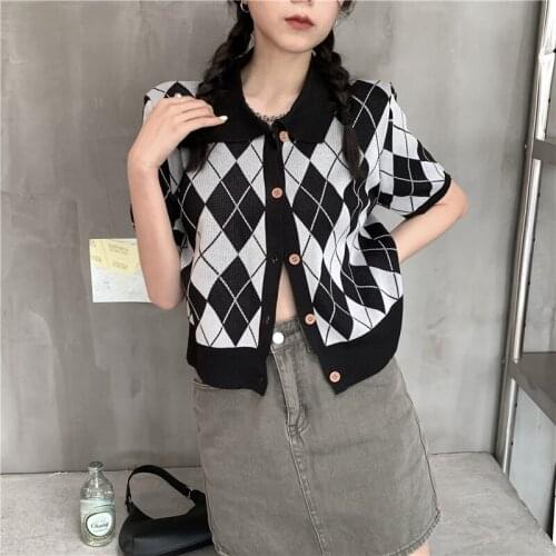 Retro Y2K Argyle Knitted Cardigan Women 2021 Summer Fashion Polo Neck Loose Single Breasted Shirt Preppy Style Short Sleeve Top