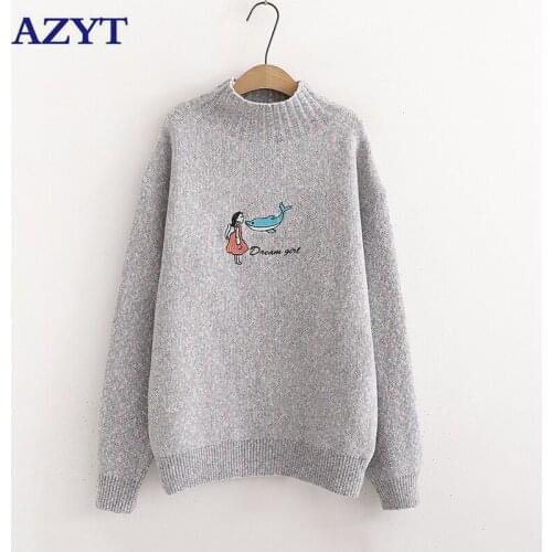 AZYT 2021 New Cartoon Embroidery Pullover Women Sweater Winter Turtleneck Warm Base Sweater Women Autumn Loose Knit Jumpers