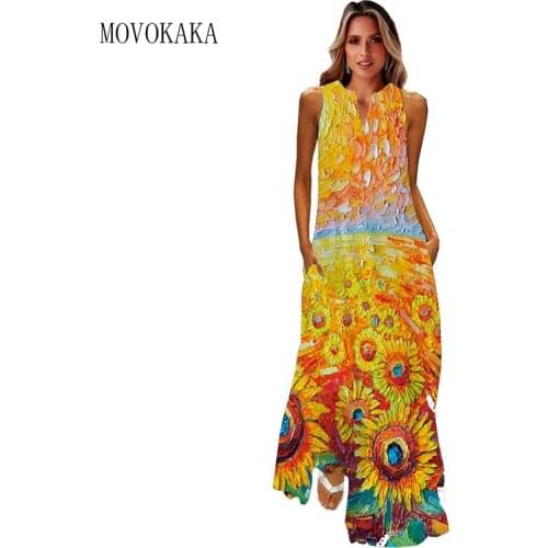 MOVOKAKA Yellow Sunflower Print Dress 2021 Beach Casual Plus Size Long Dresses Summer Woman Sleeveless Vintage Maxi Dress Women