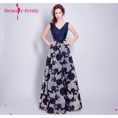 Beauty Emily Blue Evening Dresses 2018 vestido de festa V-Neck blue prom gowns embroidery flower formal dresses