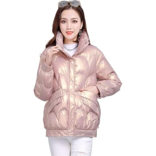 2021 new Winter Womens Down cotton Jacket Shiny Plus Size Solid Overcoat Female Stand Collar with Big Pockets Female Coat