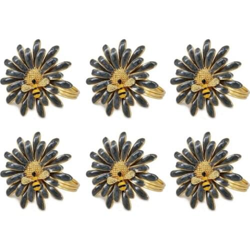 6 PCS Metal Flower Napkin Rings Gray Bee Sunflower Napkin Towel Buckles Holder for Wedding Party Hotel Home Table Decor