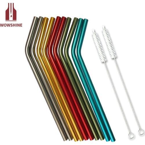 Promotion! WOWSHINE aluminum drinking straws 10 straws+2 brushes 215*8MM bent five colors